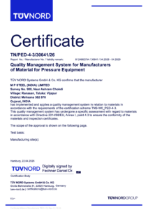 M P Steel (India) Limited - PED AD Certificate